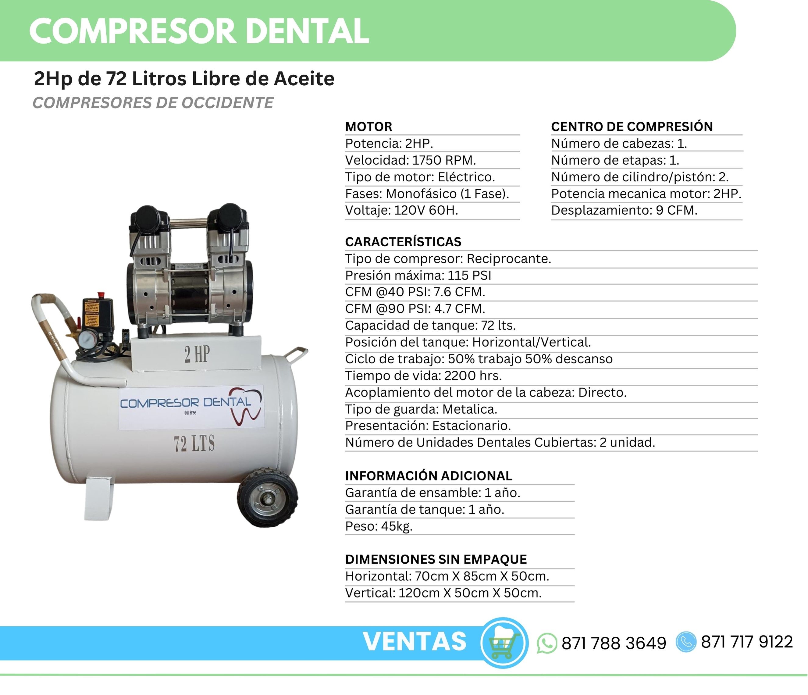Compresor Dental 2Hp 72 Litros Libre de Aceite Compresores de Occidente Orthosign